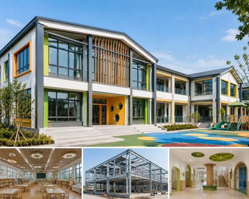 ¿Cuál es el concepto de construcción moderno de la construcción de jardín de infantes con estructura de acero liviano?