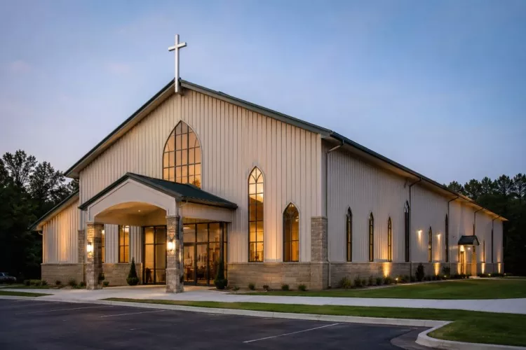 ¿Cómo crear un espacio de adoración sin columnas en un edificio de construcción de iglesia con marco de portal? ¿Cómo crear un espacio de adoración sin columnas en un edificio de construcción de iglesia con marco de portal?