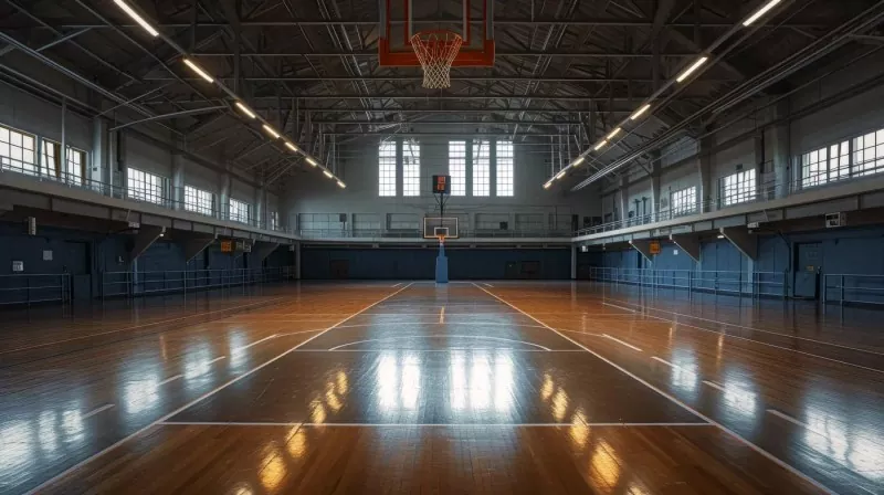 Construcción de acero en estadio de baloncesto cubierto